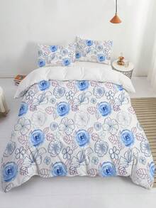 3入組花卉花朵圖案床單套裝,藍色玫瑰花造型聚酯纖維被套套裝,帶枕套,適用於臥室、客房、宿舍等場所,1套被套和2枕套（不含床芯） - 彩色 - 查看 3