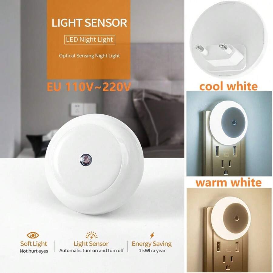 Eu 110~220v,帶智慧感應裝置,0.5w插頭式led壁燈,適用於臥室、浴室、走廊、樓梯或任何暗房,柔和明亮。(圓形)白光/暖白光 - 白色 - 查看 1