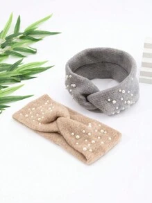 2入組女士毛茸茸珍珠裝飾十字頭帶 - 彩色 - 查看 3