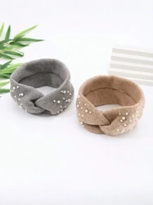 2入組女士毛茸茸珍珠裝飾十字頭帶 - 彩色 - 查看 2