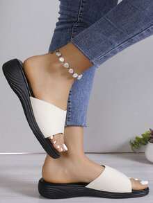 2023 年新款大码休闲坡跟纯色平底露趾一脚蹬沙滩女式凉鞋 - 白色 - 查看 4