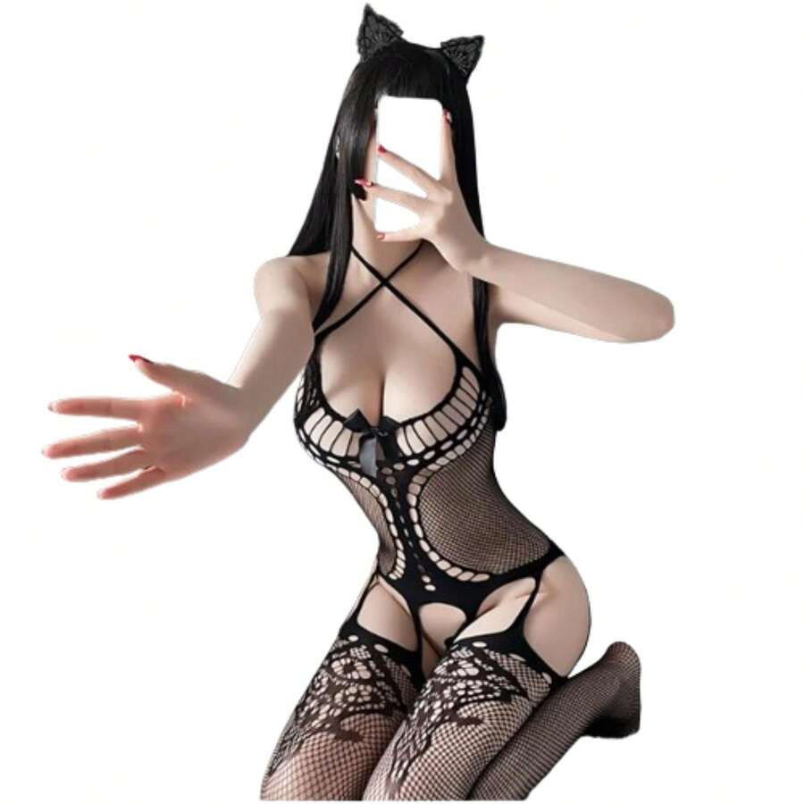 Women's Sexy Mesh Net Full Body Lingerie Off Shoulder Bodysuit - Black - View 1