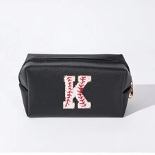 簡約風格字母刺繡化妝包防水化妝包旅行便攜收納小化妝包字母印花化妝包情人節禮物pu皮革 - 黑色 - 查看 11