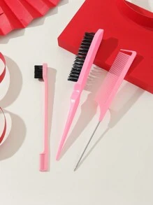3pcs Hair Styling Comb Set Teaser Hair Brush Rat Tail Comb Edge Brush For Edges And Back Detangling, Combing, Smoothing Hair, Hair Brush/Hair Comb PINK, Hair Brush, Comb, Hair Tools, Hair Products And Accessories For Barber Salon Beauty Travel Essentials