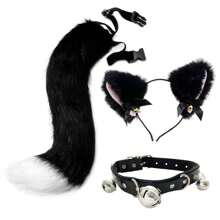 1 Set Cat Ear Headband & Tail Set, Ideal For Fox Cosplay, Party Gift - Black and White - View 1