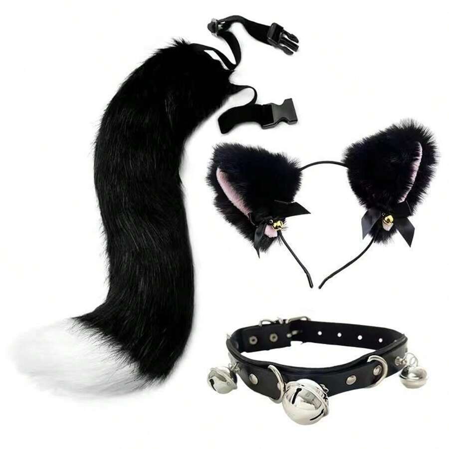 1 Set Cat Ear Headband & Tail Set, Ideal For Fox Cosplay, Party Gift - Black and White - View 1