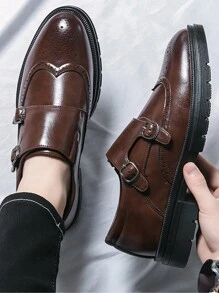 男款冬季正裝鞋,附雙扣帶,紳士皮鞋,適合商務、辦公室、婚禮 - 棕色 - 查看 3