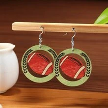 1pair Superbowl Minimalist Hollow Out Wooden Stud Earrings & Football Wooden Dangle Earrings Set - Green - View 3