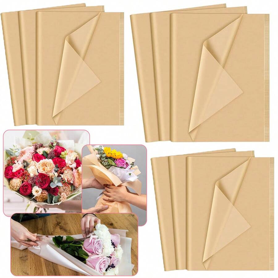 情人節花束diy包裝紙,禮物包裝紙,100片/組卡其色雪梨汁紙,實色禮物包裝紙,復古風格牛皮紙,適用於diy和創意愛好者(30 * 50cm) - 卡其色 - 查看 1