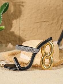 Women's Asymmetric Heel Black Sandals With Rhinestone Strap - Black - View 5