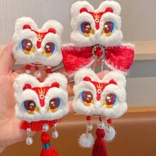 1pair Red Lion Dance Inspired Hair Clips With Cute Design And Embroidered Edges For Girls' Hanfu Hairstyle Embellishment, Chinese New Year Accessory - Red - View 5