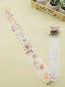 1pc Shell Shaped Pet Material Decorative Sticker Tape With Beautiful Flower & Clock Pattern, Warm & Happy - Apricot - View 2