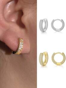 1對方形鋯石圈耳環,嘻哈風格全鑲嵌,適合男女日常穿戴 - 彩色 - 查看 1