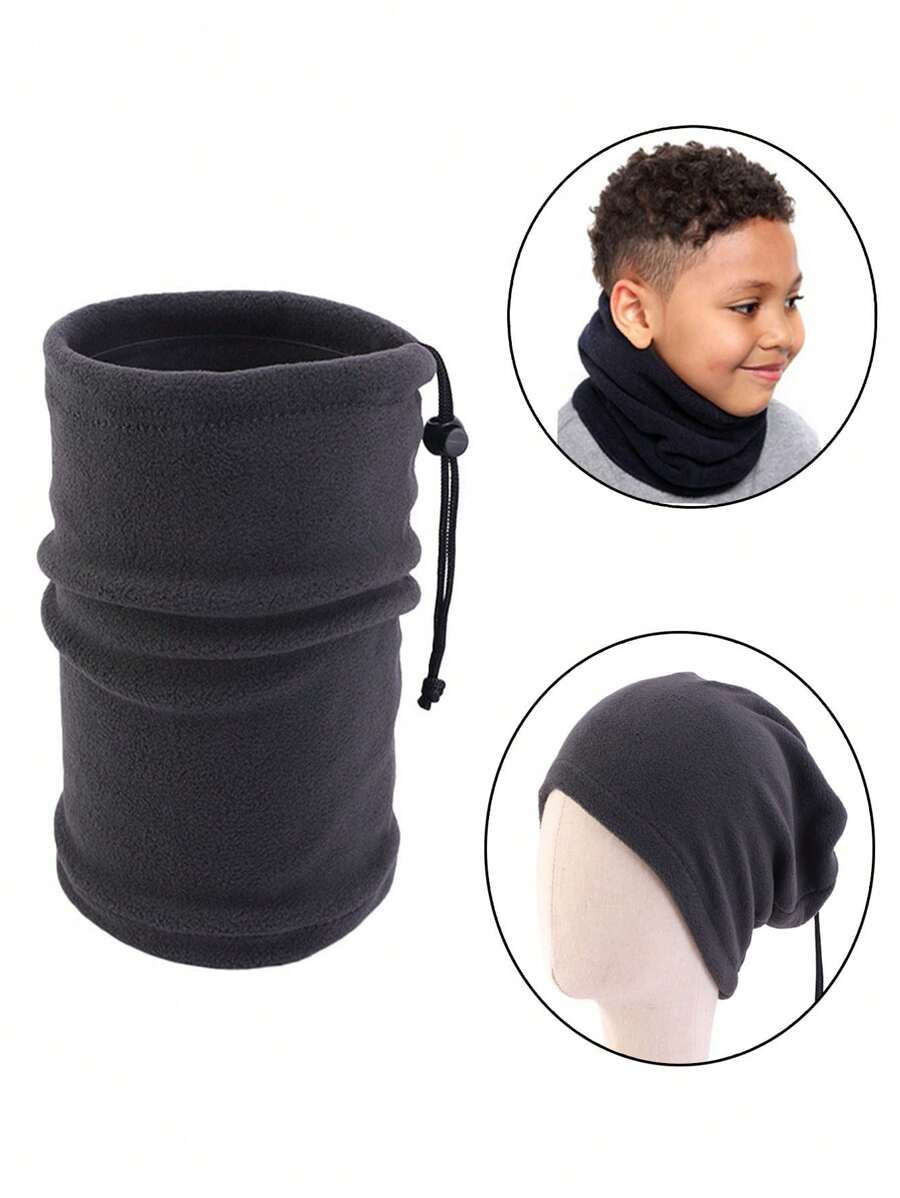 Children's Fleece Neck Warmer - Windproof Neck Gaiter Face Mask - Drawstring Head Cap - Multi-Use Scarf - Suitable For Boys And Girls - Dark Grey - View 1