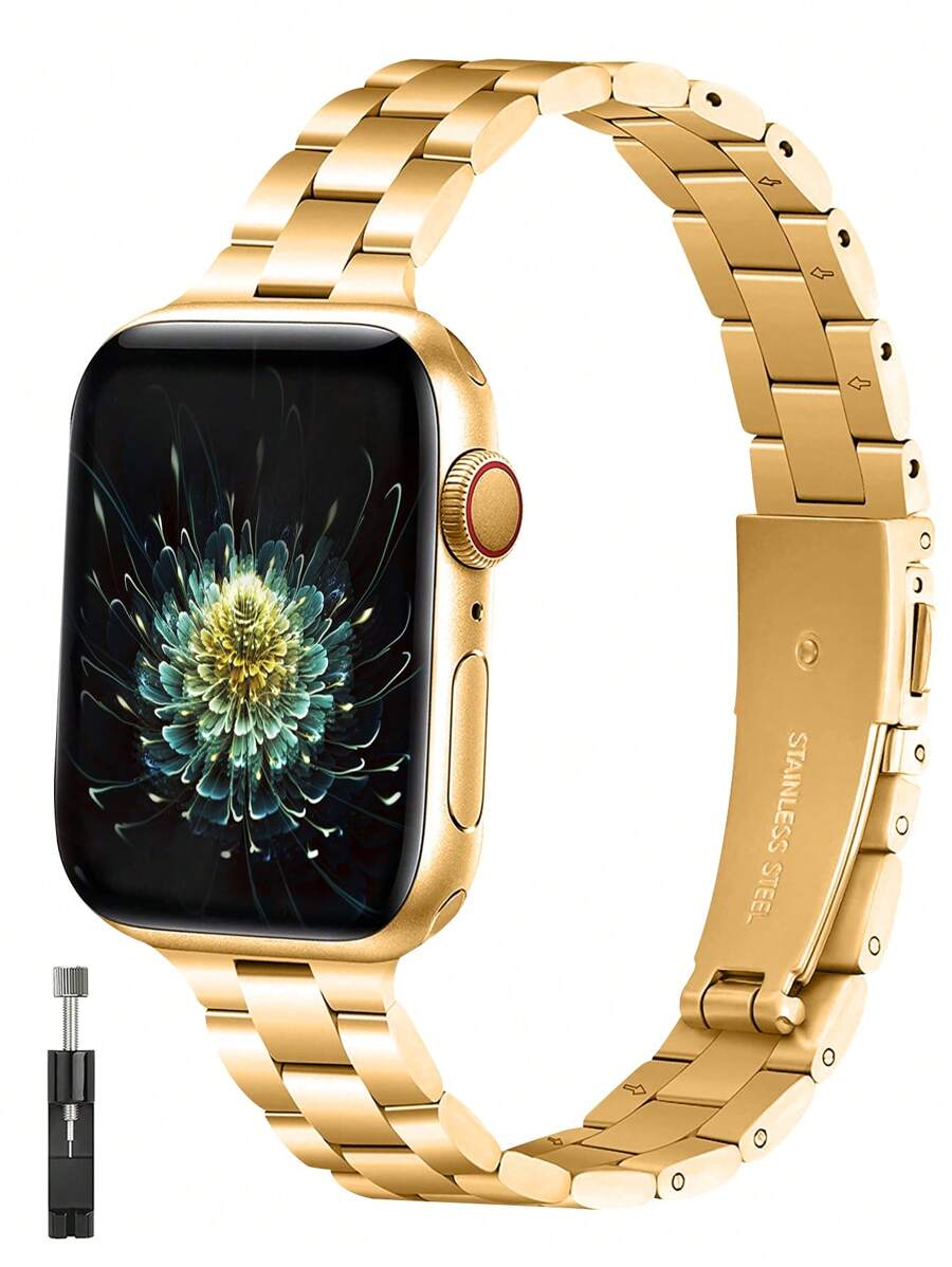 適用於女性的精細不銹鋼手錶帶,兼容蘋果手錶系列9/8/7/6/5/4/3/2/1/se,尺寸包括41mm,40mm,38mm,45mm,44mm,42mm,49mm - 金色 - 查看 1
