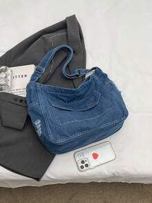 Solid Color Denim Portable Zipper Fashion Hobo Bag, Large Capacity Shoulder Bag, Crossbody Bag, Must-Have Shopping Bag For Women, Tote Bag, Suitable For Girls, Ladies, College Students Commuting, Outdoor Travel And Daily Use