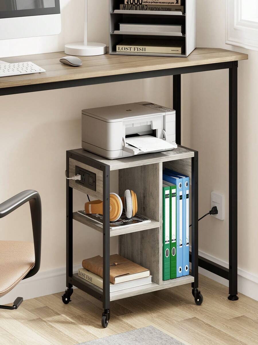 Printer Stand With Charging Station And Storage Shelf, Locking Wheels