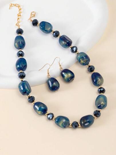1pc Two Tone Faux Pearl Luster Effect Beaded Necklace & Earrings Set With Crystal Detail