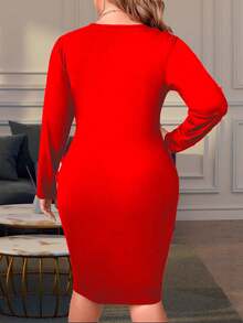 Vestido Curvy Corto Parte Inferior Cruzado Manga Larga Escote en V para Mujer