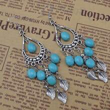 European And American National Wind Small Tree Leaf Branch Fringe Turquoise Long Drip Shaped Earrings Jewelry2PCS - Ancient Silver - View 5