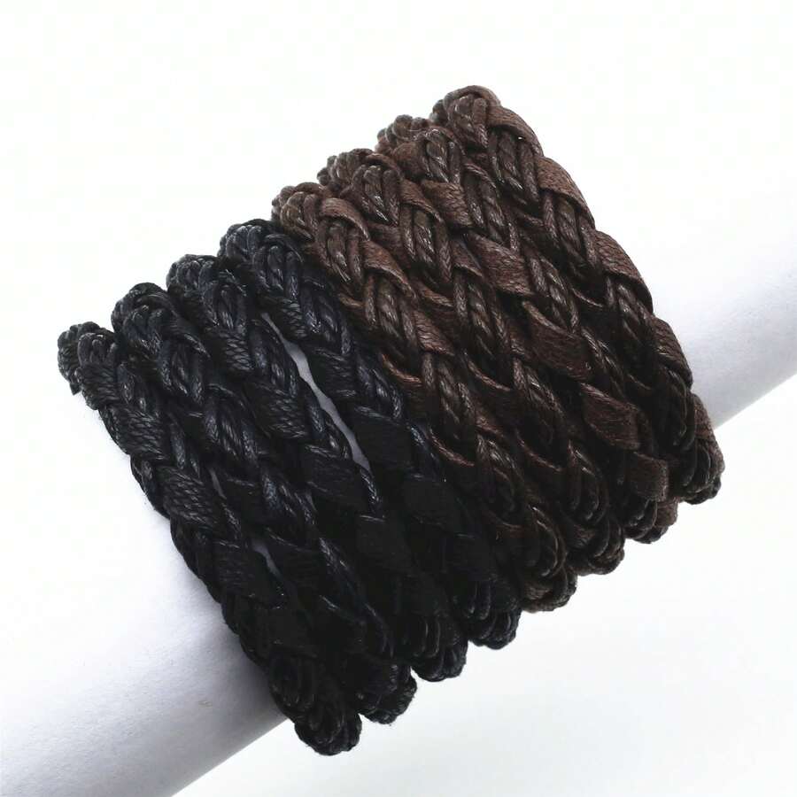 1pc Men's Simple Handmade Braided Leather Bracelet - Black - View 1