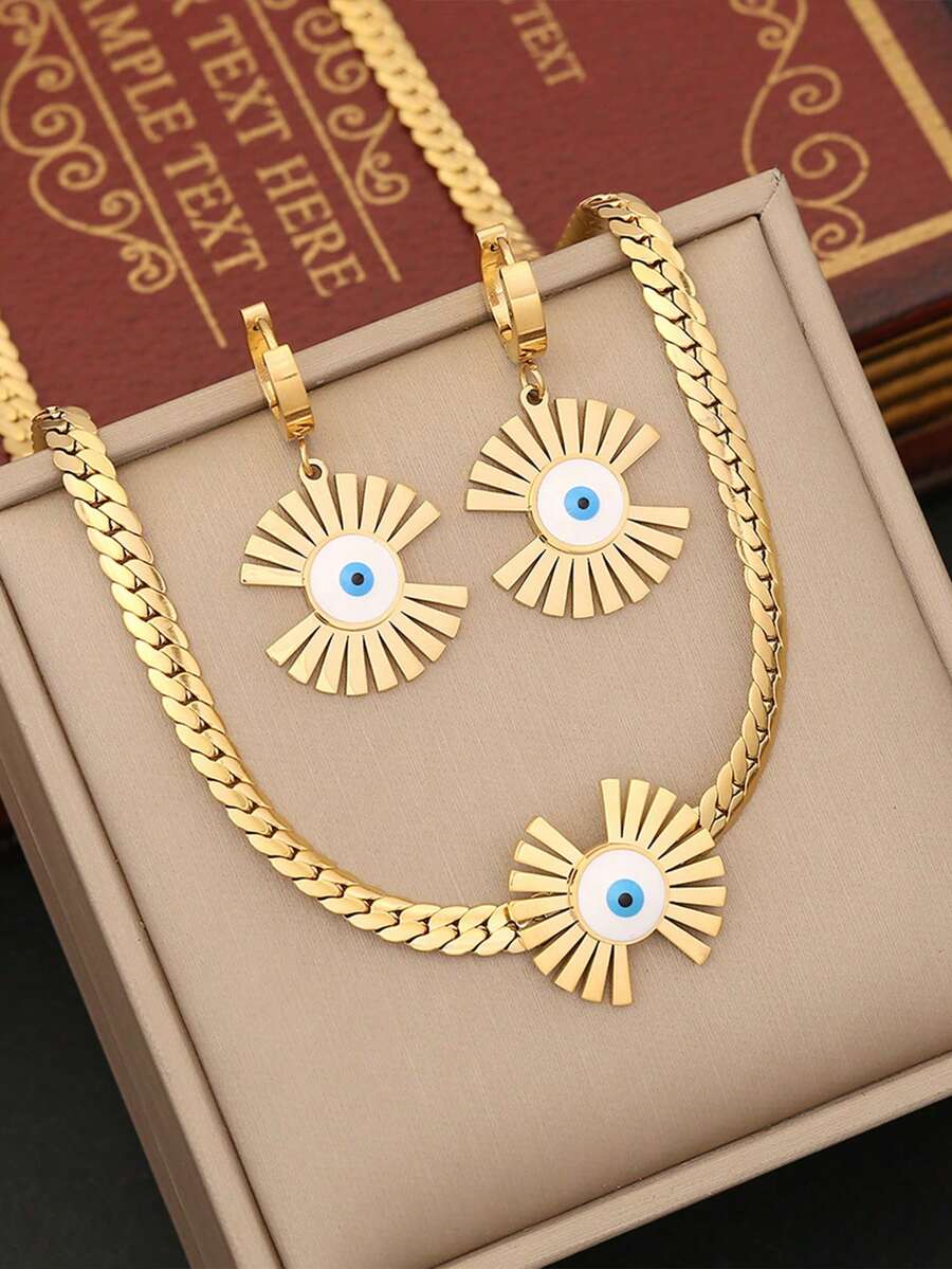 3入組誇張的藍色眼睛設計油滴項鍊和耳環,具有波西米亞風格不鏽鋼材質,適合日常穿著