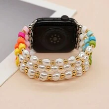 1入2024年最新款彩虹色波西米亞時尚串珠蘋果手錶帶系列，潮流假珍珠Heishi手鍊 - 彩色 - 查看 3