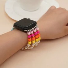 1入2024年最新款彩虹色波西米亞時尚串珠蘋果手錶帶系列，潮流假珍珠Heishi手鍊 - 彩色 - 查看 5