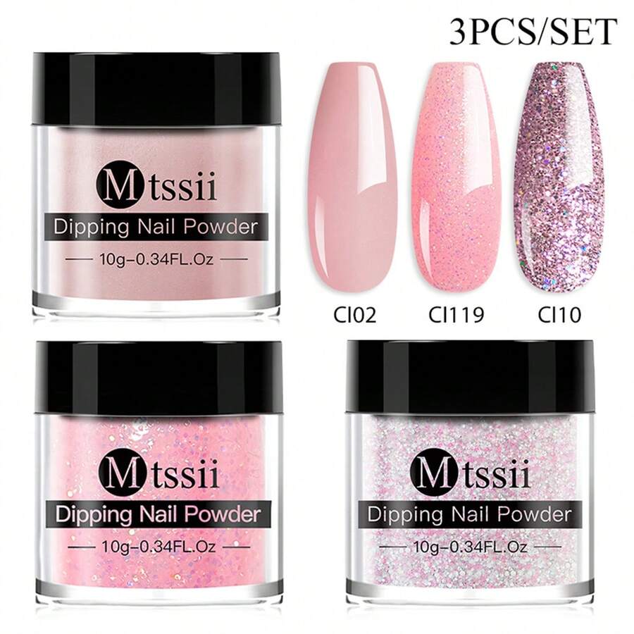10克浸泡粉套裝,3種顏色閃粉美甲浸泡粉,法式指甲純色美甲顏料粉,美甲沙龍diy必備