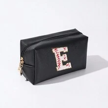 簡約風格字母刺繡化妝包防水化妝包旅行便攜收納小化妝包字母印花化妝包情人節禮物pu皮革 - 黑色 - 查看 6