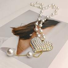 1件精緻的假珍珠鍊心形吊墜項鍊,時尚珠寶鑲嵌假鑽石和假珍珠心型吊墜毛衣鍊女士長項鍊裝飾,百搭服裝配件 - 白色 - 查看 2