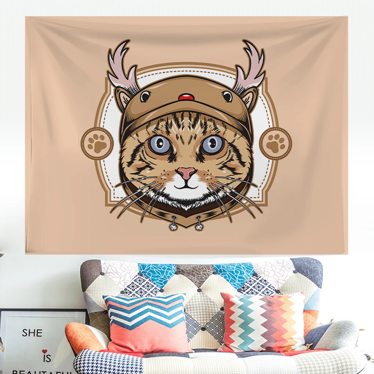 1pc Cartoon Cat Pattern Wall Hanging Tapestry Suitable For Indoor University Dormitory Party Decoration, Living Room Home Decor Art Background Cloth - Multicolor - View 1