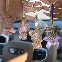 Creative Handmade Alphabet & Diamond Decor Teddy Bear Keychain With Bowknot, Fashion Cartoon & Lovely Keyring Charm For Car, Backpack, Female Gift Bag Accessory - Silver - View 3