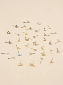 36對/套時尚音符珍珠心形金屬花卉幾何簡約釘式耳環套裝,適合女性日常佩戴和節日送禮珠寶配件 - 彩色 - 查看 2