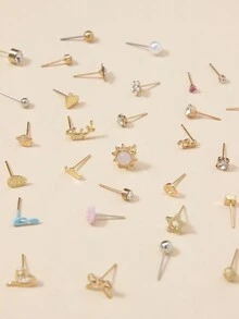 36對/套時尚音符珍珠心形金屬花卉幾何簡約釘式耳環套裝,適合女性日常佩戴和節日送禮珠寶配件 - 彩色 - 查看 3