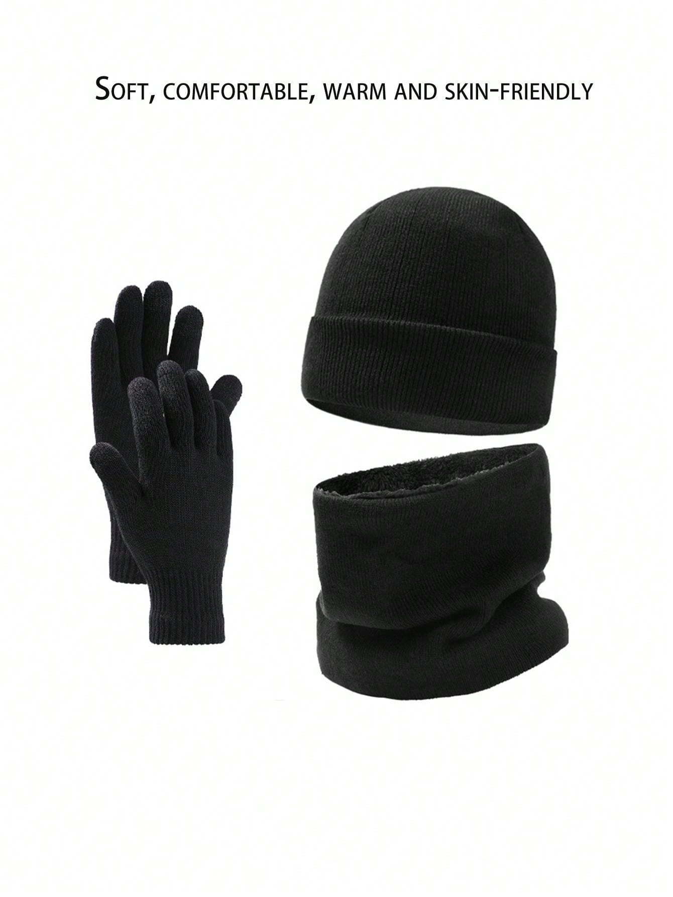 Men'S Winter Hat, Scarf And Gloves ThreePiece Knitted Hat With Wool Thickened Cold Warm Hat