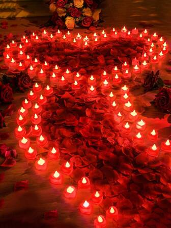 24pcs Heart-Shaped Flameless LED Candles With 2000pcs Artificial Rose Petals, Red Romantic LED Tea Lights For Romantic Night, Valentine's Day, Anniversary, Wedding, Dining Table Party Decoration