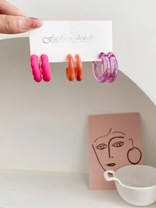 1套/3對經典方格設計創意耳環,多種顏色可供日常配戴 - 彩色 - 查看 10