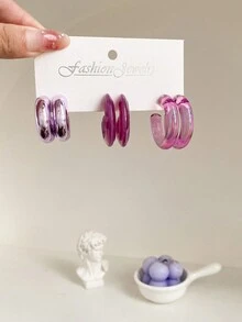 1套/3對經典方格設計創意耳環,多種顏色可供日常配戴 - 彩色 - 查看 11