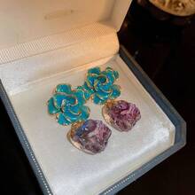 1 对 925 银针镶钻油滴花和巴洛克复古不对称宝石吊坠耳环，罕见别致奢华耳环，适合女性日常佩戴、节日礼物 - 彩色 - 查看 8