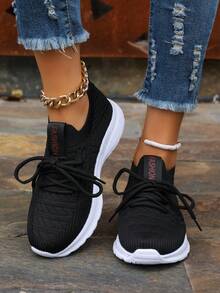 2024新款女士跑步鞋,輕便運動鞋,厚底單步式懶人鞋,實色緞帶 - 黑色 - 查看 1