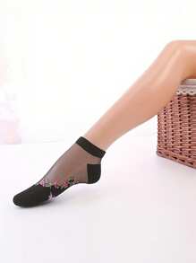 5雙女式透氣絲襪,絲綢短襪帶有提花圖案,黑色 - 黑色 - 查看 2