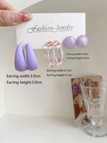 1套/3對經典方格設計創意耳環,多種顏色可供日常配戴 - 彩色 - 查看 14