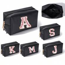 簡約風格字母刺繡化妝包防水化妝包旅行便攜收納小化妝包字母印花化妝包情人節禮物pu皮革 - 黑色 - 查看 2