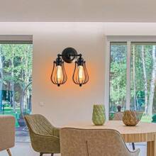 1入裝工業復古牆燈,帶有2個燈座,可調節的鐵籠插座,舊金屬燈具,適用於臥室和庭院,黑色（不包括燈泡） - 黑色 - 查看 7