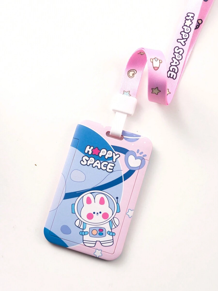 Cute Cartoon Space Bear Id Card Holder For Campus Id Card Meal Card Access Card Employee Card Halter Neck Strap School Stuff - Pink - View 1