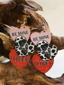 1pair Valentine's Day Wooden Printed Love Ear Studs & Heart-Shaped Alphabet Ear Studs & Be Mine Alphabet Ear Studs & Leopard Print Ear Studs - Hot Pink - View 3
