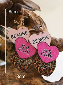 1pair Valentine's Day Wooden Printed Love Ear Studs & Heart-Shaped Alphabet Ear Studs & Be Mine Alphabet Ear Studs & Leopard Print Ear Studs - Hot Pink - View 2