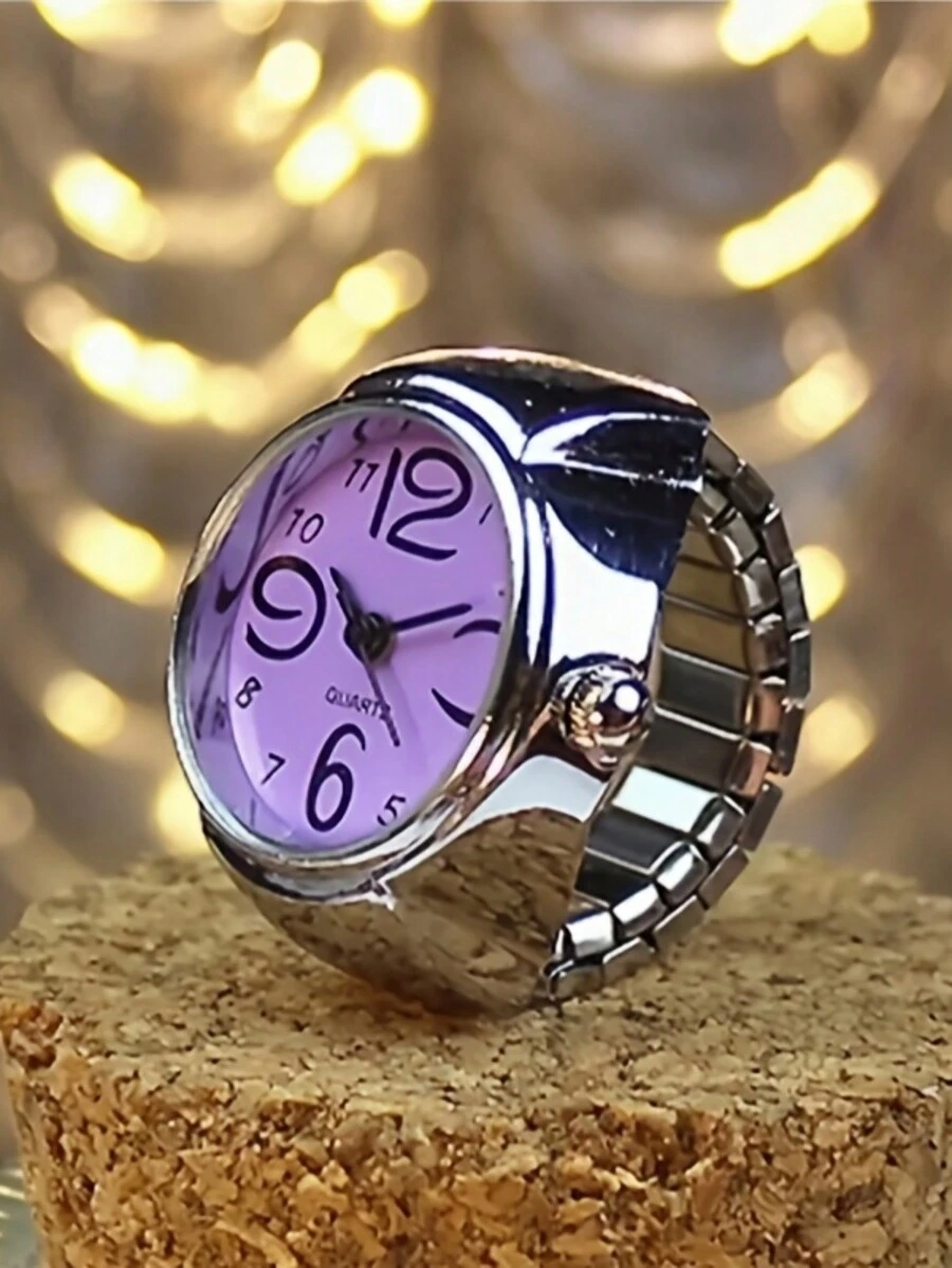 庞克时尚戒指手表y2k圆指针指针指针手表弹性带情侣手表情人节礼物 - 紫色 - 查看 1