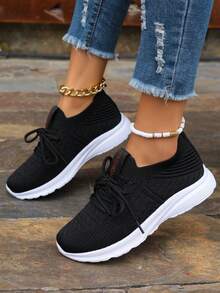 2024新款女士跑步鞋,輕便運動鞋,厚底單步式懶人鞋,實色緞帶 - 黑色 - 查看 5